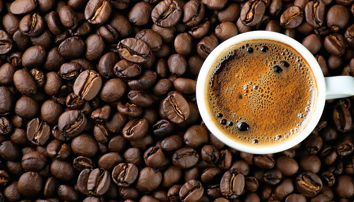 Coffee beans and a steaming cup of coffee