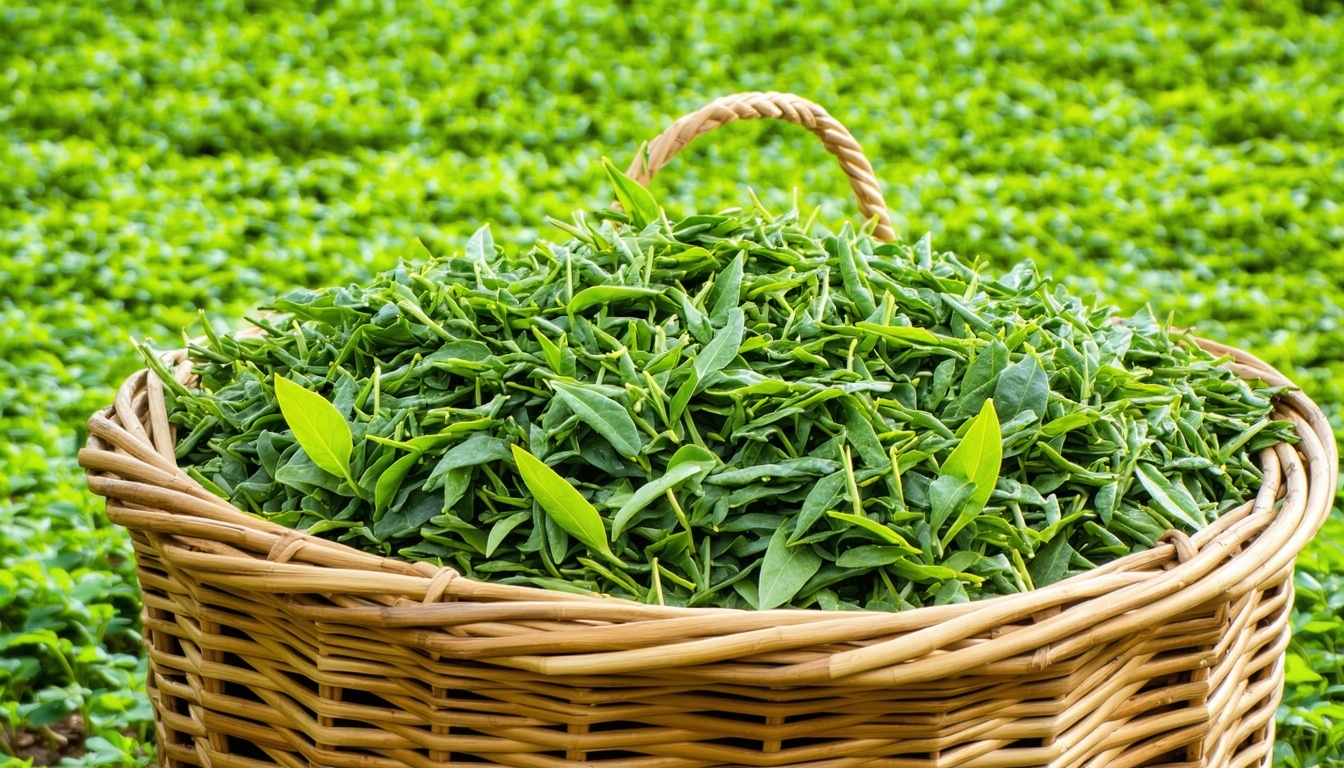 Freshly picked tea leaves in a basket