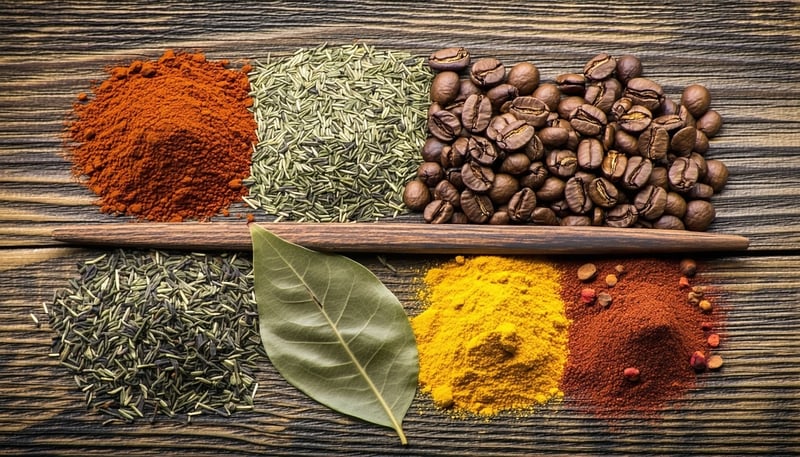 Selection of Indian spices, tea leaves, and coffee beans representing Harvest Exports