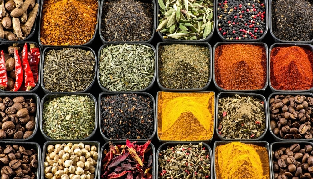 Assorted Indian spices, tea leaves, and coffee beans ready for export